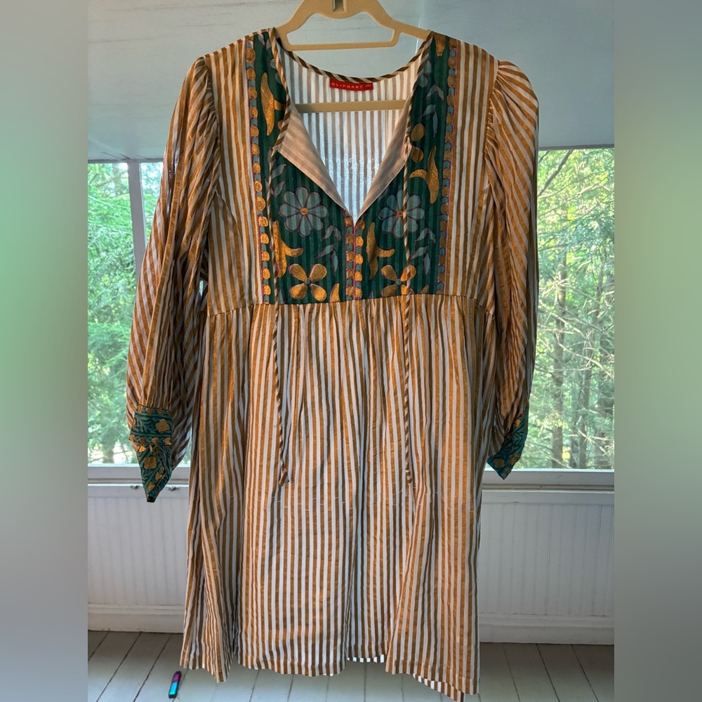 Oliphant Green and Gold Striped Mini Dress—festive, comfy, and easy to wear